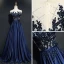 Chic / Belle Bleu Marine Robe De Soirée 2017 Princesse Dentelle U-Cou Appliques Dos Nu Perlage Fait main Soirée Robe De Ceremonie
