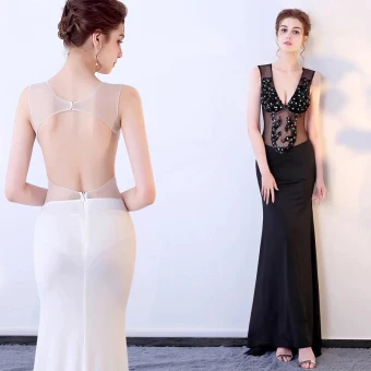 Chic Belle Noire Robe De Soirée 2017 Trompette Sirène Tulle V Cou Perlage Dos Nu Paillettes Soirée Robe De Ceremonie