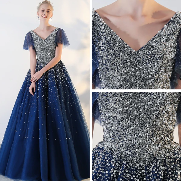 Glitzernden Königliches Blau Ballkleider 2018 Tülle V-Ausschnitt Pailletten Glanz Rückenfreies Perlenstickerei Sternenklarer Himmel Ballkleid Ball Festliche Kleider