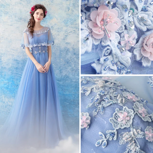 Chic / Beautiful Sky Blue Evening Dresses 2017 A-Line / Princess Tulle U-Neck Appliques Backless Beading Evening Party Formal Dresses