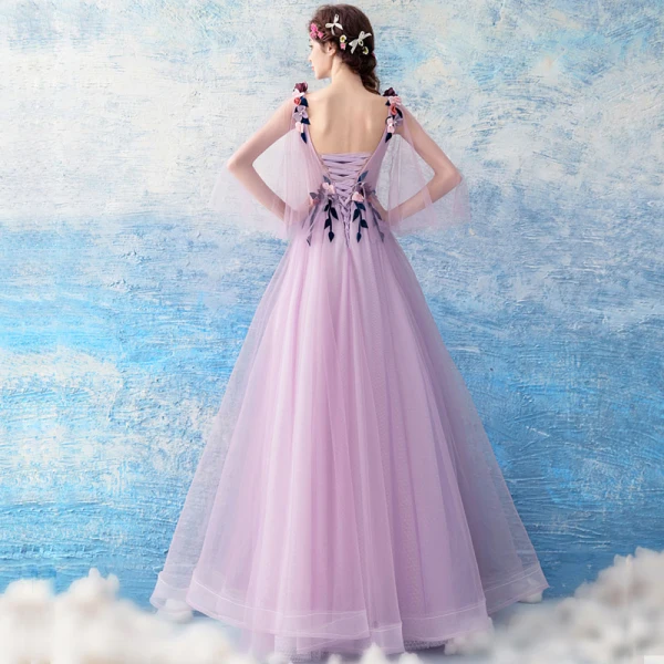 Chic / Beautiful Lilac Evening Dresses 2018 A-Line / Princess Floor-Length / Long Tulle V-Neck Appliques Backless Evening Party Formal Dresses