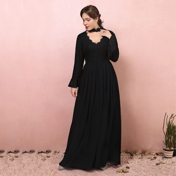 Amazing / Unique Black Plus Size Evening Dresses 2018 A-Line / Princess Long Sleeve Tulle V-Neck Lace-up Backless Evening Party Prom Dresses