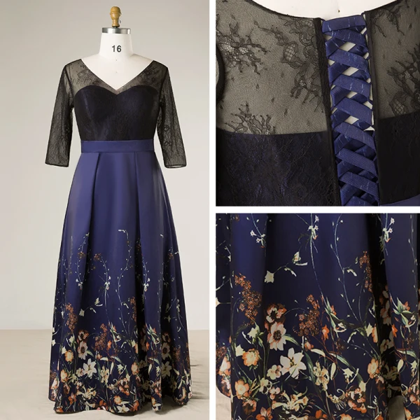 Flower Fairy Navy Blue Plus Size Evening Dresses 2018 V-Neck Charmeuse A-Line / Princess Lace-up Backless Printing Evening Party Prom Dresses