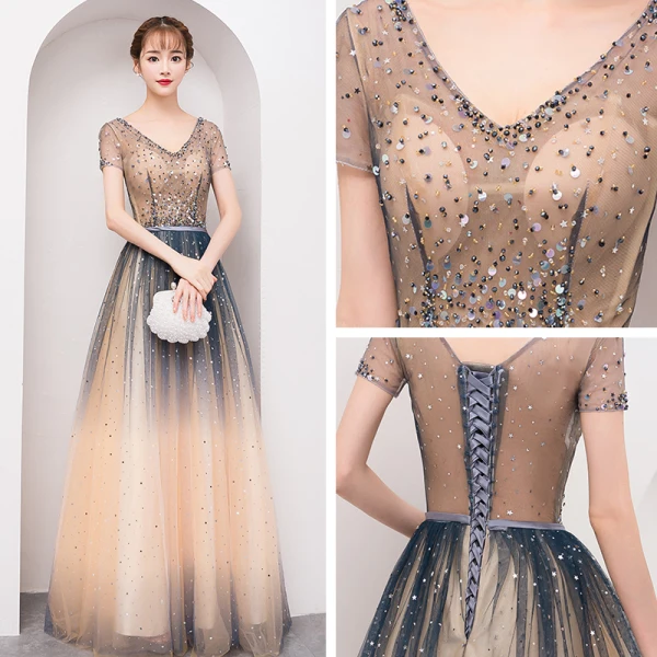 Sparkly Bling Bling Multi-Colors Floor-Length / Long Evening Dresses 2018 A-Line / Princess V-Neck Tulle Backless Beading Sequins Evening Party Formal Dresses