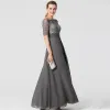 Piękne Szary Sukienki Na Wesele Dla Mamy 2020 Princessa Długie Kótkie Rękawy Aplikacje Haftowane Rhinestone Bez Ramiączek Wieczorowe Ślub Sukienki Na Wesele