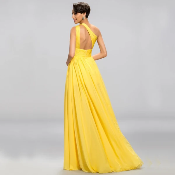 Elegante Klassisch Charmant Gelb Empire Abendkleider 2020 A Linie Lange Sommer Einfarbig Gespaltete Front Rückenfreies One-Shoulder Cocktail Abend Festliche Kleider