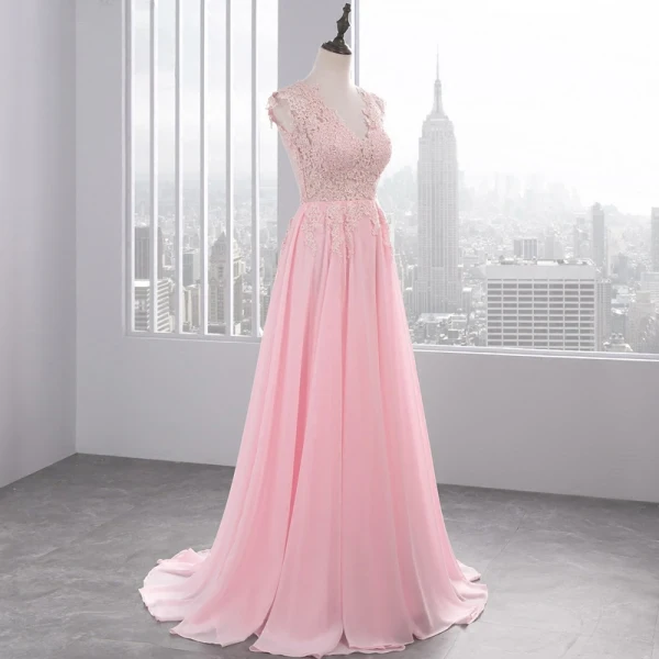 Chic / Beautiful 2017 Candy Pink Evening Dresses  V-Neck Lace Appliques Backless A-Line / Princess Evening Party