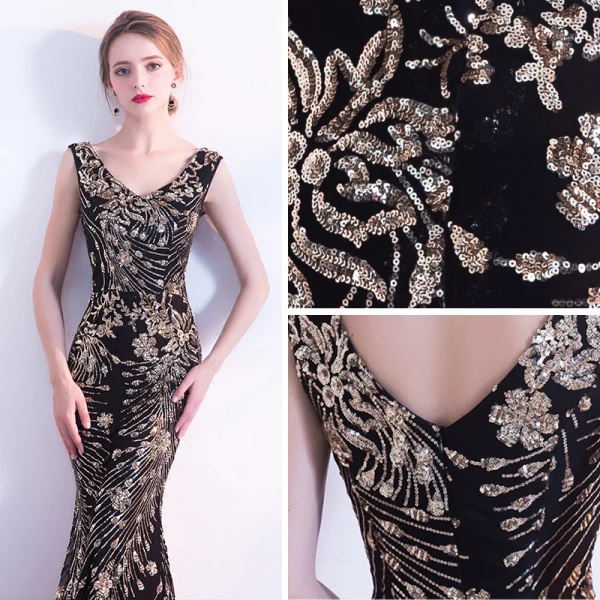 Scintillantes Noire Robe De Soirée 2017 Trompette / Sirène V-Cou Dos Nu Paillettes Charmeuse Soirée Robe De Fete