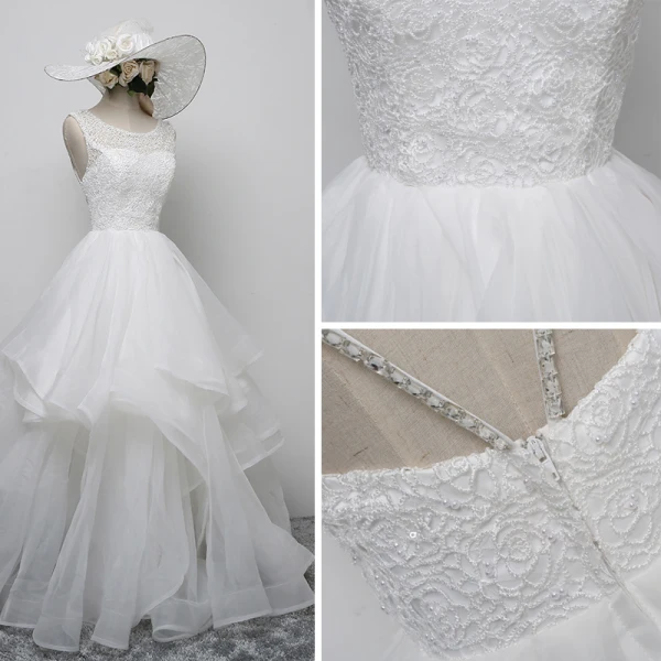 Chic / Beautiful White Wedding Dresses 2017 A-Line / Princess U-Neck Lace Appliques Beading Pierced Wedding Prom Dresses