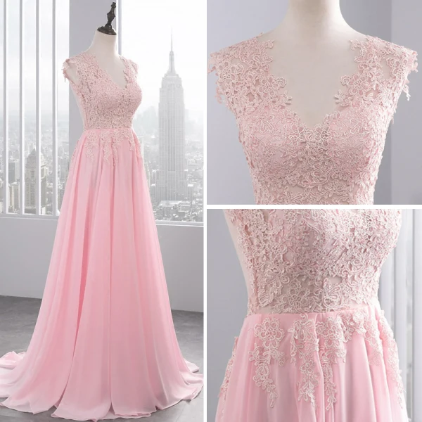 Chic / Beautiful 2017 Candy Pink Evening Dresses  V-Neck Lace Appliques Backless A-Line / Princess Evening Party