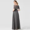 Chic / Beautiful Grey Mother Of The Bride Dresses 2020 A-Line / Princess Floor-Length / Long Short Sleeve Appliques Embroidered Rhinestone Strapless Evening Party Wedding Wedding Party Dresses
