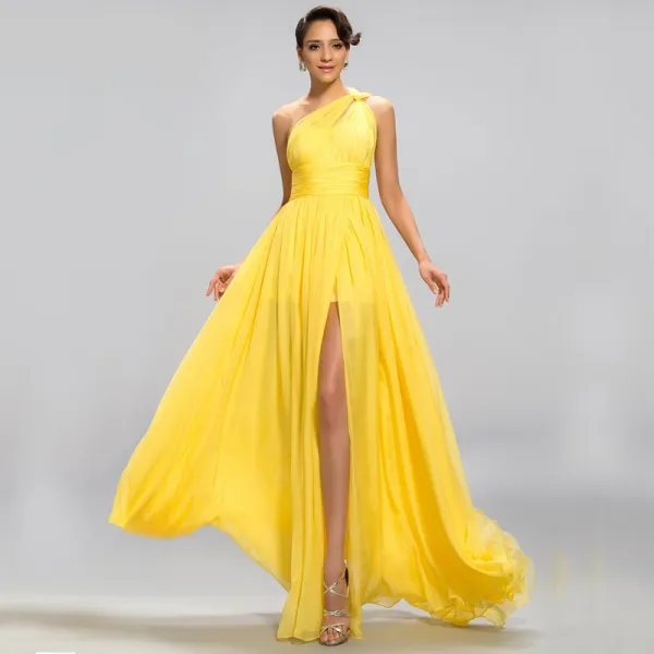 Eleganckie Klasyczna Uroczy Żółta Imperium Sukienki Wieczorowe 2020 Princessa Długie Lato Jednolity kolor Podział Przodu Bez Pleców Jedno Ramię Koktajlowe Wieczorowe Sukienki Wizytowe