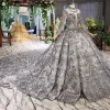 Amazing / Unique Black Ball Gown Wedding Dresses 2020 Long Sleeve Scoop Neck Crossed Straps Handmade  Backless Beading Crystal Rhinestone Sequins Cathedral Train Wedding