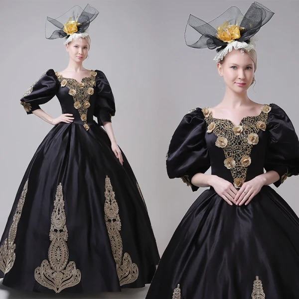 Vintage / Originale Médiévale Noire Robe Boule Robe De Bal 2021 V-Cou 3/4 Manches Longue Dentelle 3D Fleur Fait main Cosplay Promo Robe De Ceremonie