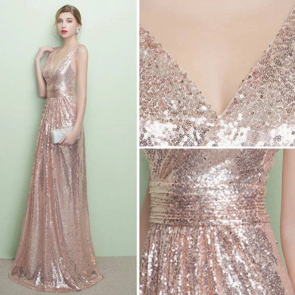 Schöne Glitzernden Pearl Rosa Abendkleider 2017 Mermaid V-Ausschnitt Gestreift Rückenfreies Pailletten Polyester Abend Festliche Kleider