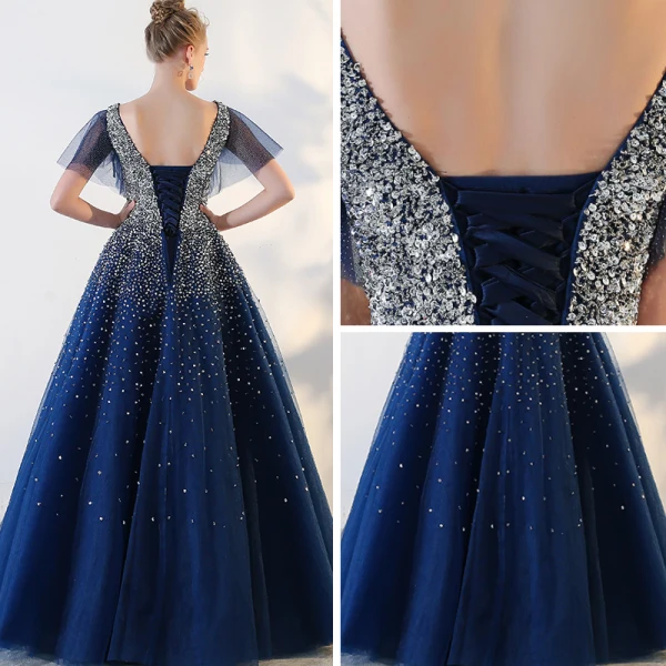 Glitzernden Königliches Blau Ballkleider 2018 Tülle V-Ausschnitt Pailletten Glanz Rückenfreies Perlenstickerei Sternenklarer Himmel Ballkleid Ball Festliche Kleider