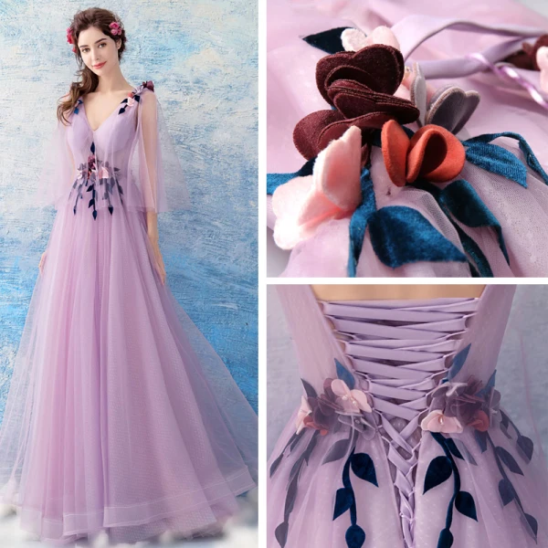 Chic / Beautiful Lilac Evening Dresses 2018 A-Line / Princess Floor-Length / Long Tulle V-Neck Appliques Backless Evening Party Formal Dresses