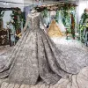 Amazing / Unique Black Ball Gown Wedding Dresses 2020 Long Sleeve Scoop Neck Crossed Straps Handmade  Backless Beading Crystal Rhinestone Sequins Cathedral Train Wedding