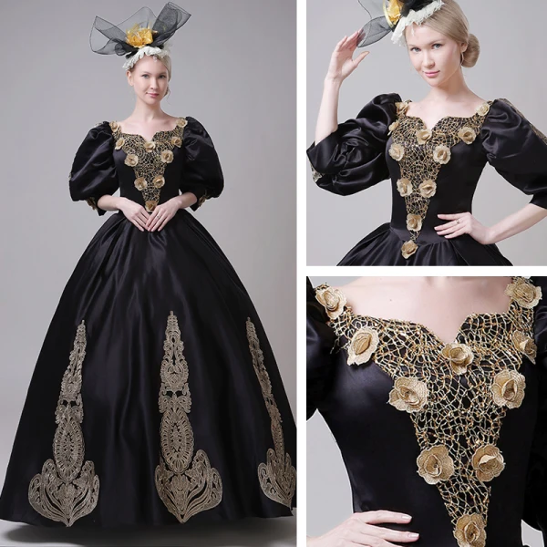 Vintage / Originale Médiévale Noire Robe Boule Robe De Bal 2021 V-Cou 3/4 Manches Longue Dentelle 3D Fleur Fait main Cosplay Promo Robe De Ceremonie