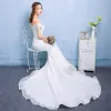 Affordable Hall Wedding Dresses 2017 White Trumpet / Mermaid Chapel Train Sweetheart Short Sleeve Backless Lace Appliques Rhinestone Beading