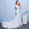 Affordable Hall Wedding Dresses 2017 White Trumpet / Mermaid Chapel Train Sweetheart Short Sleeve Backless Lace Appliques Rhinestone Beading