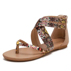 Bohemia Beige Beach Rhinestone Flat Womens Sandals 2022 Open Peep Toe Sandals