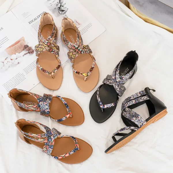 Bohême Beige Plage Faux Diamant Plate Sandales Femme 2022 Peep Toes / Bout Ouvert Sandales