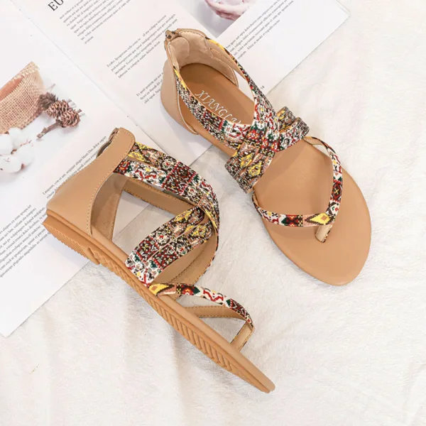 Bohême Beige Plage Faux Diamant Plate Sandales Femme 2022 Peep Toes / Bout Ouvert Sandales