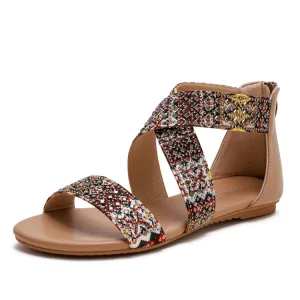 Ethnic Bohemia Beige Casual Beach Womens Sandals 2022 Summer Rhinestone Open Peep Toe Flat Sandals