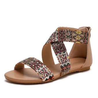 Ethnic Bohemia Beige Casual Beach Womens Sandals 2022 Summer Rhinestone Open Peep Toe Flat Sandals