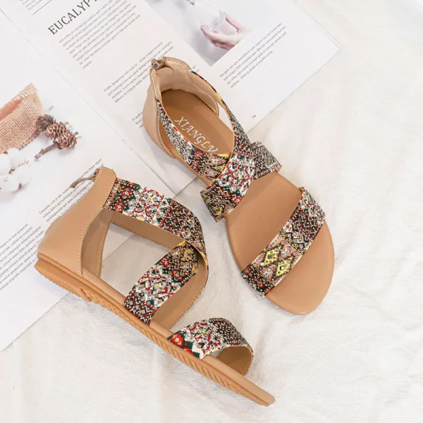 Ethnique Bohême Beige Désinvolte Plage Sandales Femme 2022 Été Faux Diamant Peep Toes / Bout Ouvert Plate Sandales