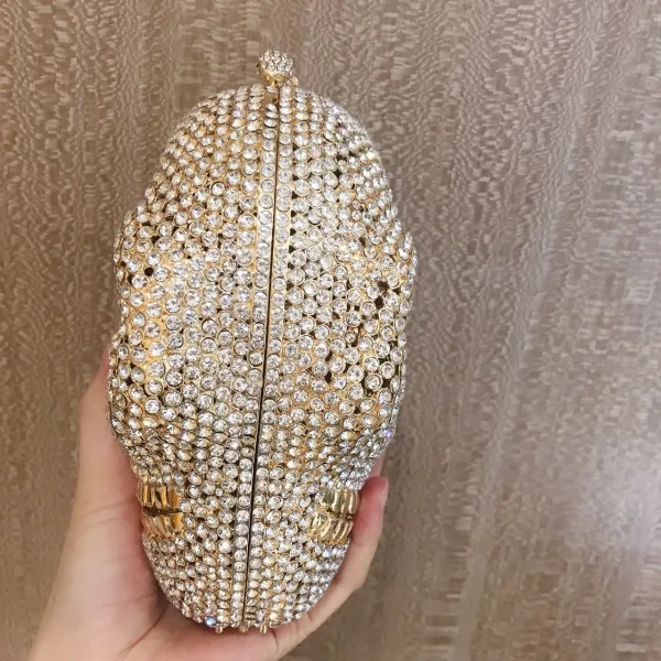 Ovanlig Halloween Guld Metall Rhinestone Gatukläder Kuvertväska 2022