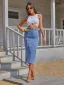 Fashion Casual Women Ocean Blue Denim Skirts 2021 Buckle Split Front Tea-length Bottoms