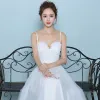Affordable Beach Wedding Dresses 2017 White A-Line / Princess Floor-Length / Long Spaghetti Straps Sleeveless Backless Lace Appliques