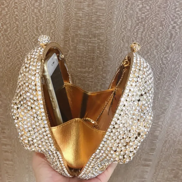 Ovanlig Halloween Guld Metall Rhinestone Gatukläder Kuvertväska 2022