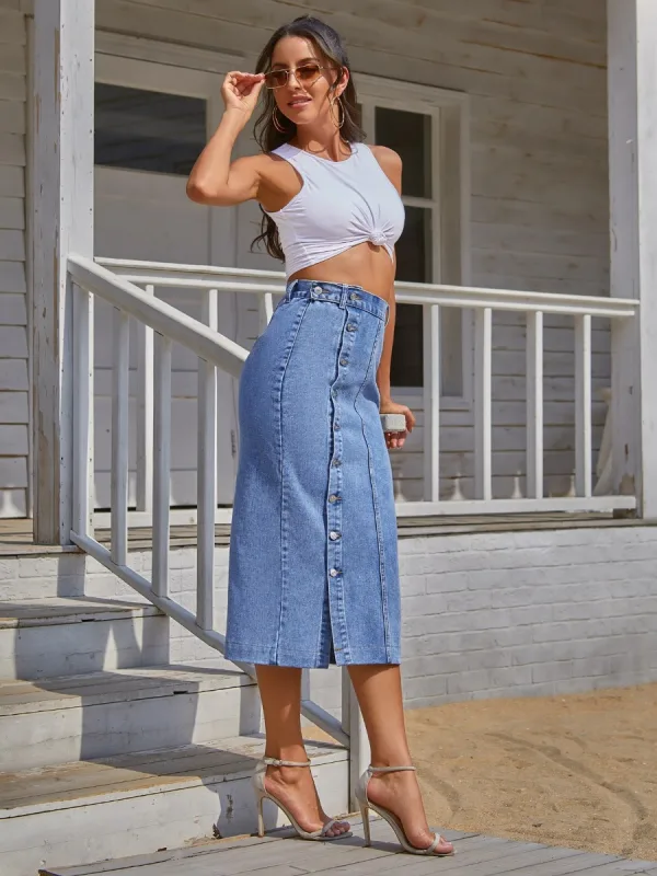 Fashion Casual Women Ocean Blue Denim Skirts 2021 Buckle Split Front Tea-length Bottoms