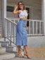 Fashion Casual Women Ocean Blue Denim Skirts 2021 Buckle Split Front Tea-length Bottoms