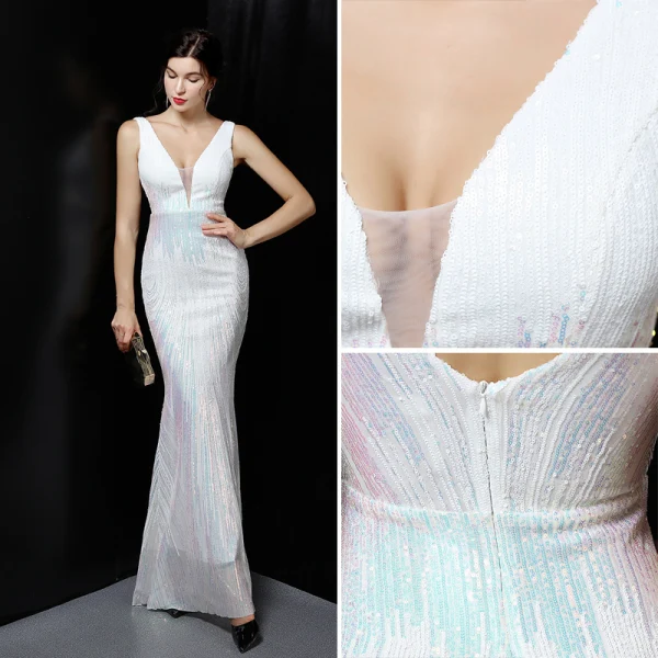 Sexy White Beading Sequins Evening Dresses 2022 Trumpet / Mermaid V-Neck Sleeveless Backless Floor-Length / Long Evening Party Formal Dresses