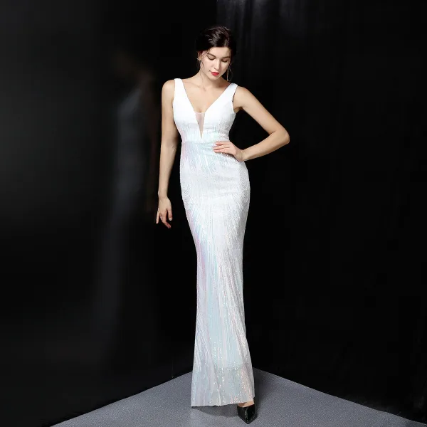 Sexy White Beading Sequins Evening Dresses 2022 Trumpet / Mermaid V-Neck Sleeveless Backless Floor-Length / Long Evening Party Formal Dresses
