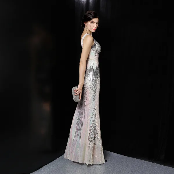 Sexy White Beading Sequins Evening Dresses 2022 Trumpet / Mermaid V-Neck Sleeveless Backless Floor-Length / Long Evening Party Formal Dresses