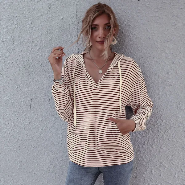 Fashion Casual Women White Stripe Sweatshirts Hoodies 2021 V-Neck Hooded Zipper Fall Long Sleeve Loose Tops