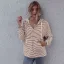 Fashion Casual Women White Stripe Sweatshirts Hoodies 2021 V-Neck Hooded Zipper Fall Long Sleeve Loose Tops