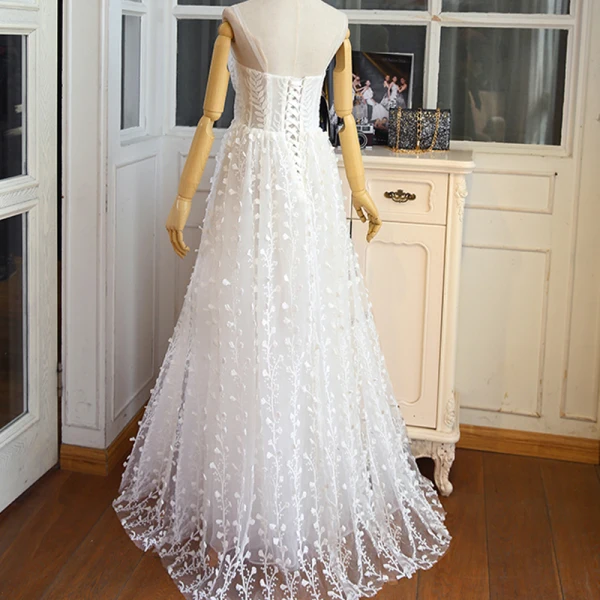 Abordable Chic / Belle Plage Robe De Mariée 2017 Blanche Princesse Longue Bretelles Spaghetti Sans Manches Dos Nu En Dentelle Appliques