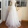 Affordable Chic / Beautiful Beach Wedding Dresses 2017 White A-Line / Princess Floor-Length / Long Spaghetti Straps Sleeveless Backless Lace Appliques