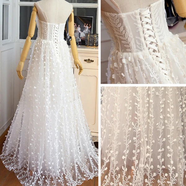 Abordable Chic / Belle Plage Robe De Mariée 2017 Blanche Princesse Longue Bretelles Spaghetti Sans Manches Dos Nu En Dentelle Appliques