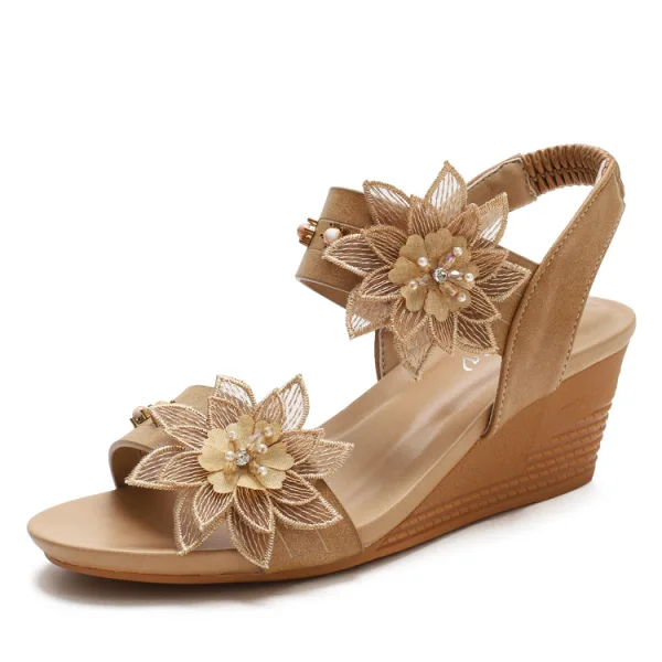 Bohemia Beige Street Wear Summer Womens Sandals 2022 Pearl Rhinestone Lace Flower 5 cm Wedges Open / Peep Toe Sandals