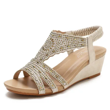 Bohemia Beige Street Wear Rhinestone Womens Sandals 2022 5 Cm Wedges Open Peep Toe Sandals
