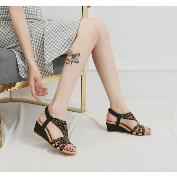 Bohemia Beige Street Wear Rhinestone Womens Sandals 2022 5 cm Wedges Open / Peep Toe Sandals