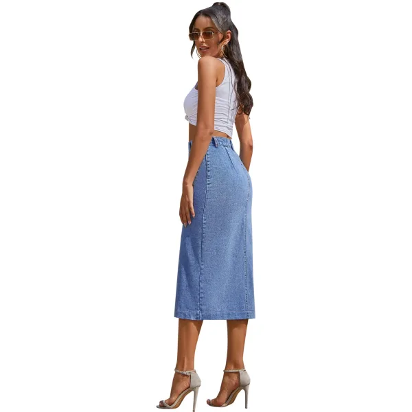 Fashion Casual Women Ocean Blue Denim Skirts 2021 Buckle Split Front Tea-length Bottoms
