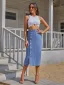 Fashion Casual Women Ocean Blue Denim Skirts 2021 Buckle Split Front Tea-length Bottoms